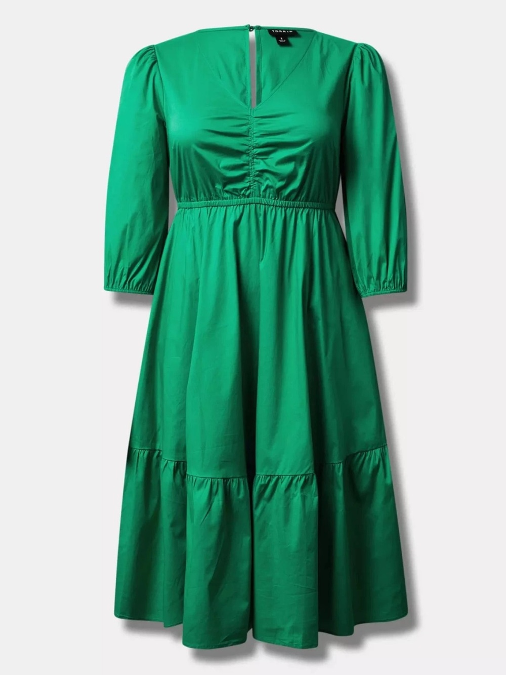 Torrid Midi Cotton Poplin Tiered 3/4 Sleeve Dress in Kelly Green, Women's 2X
